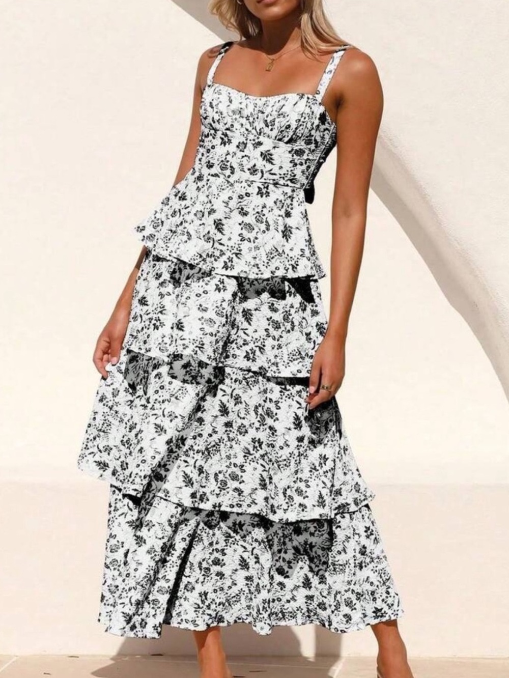 Black Floral Tiered Maxi Dress with Spaghetti Straps